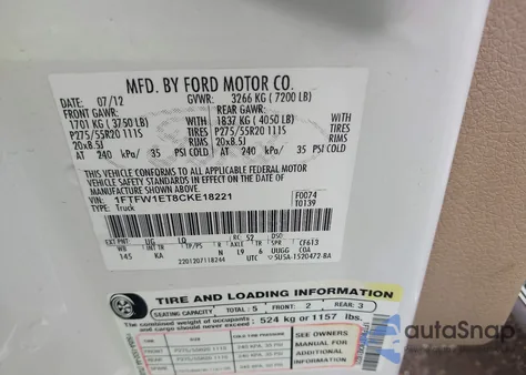 2012 Ford F-150 King Ranch z USA, uszkodzony, nr VIN 1FTFW1ET8CKE18221